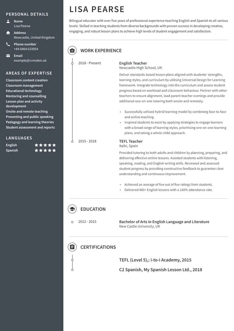 Teacher CV sample