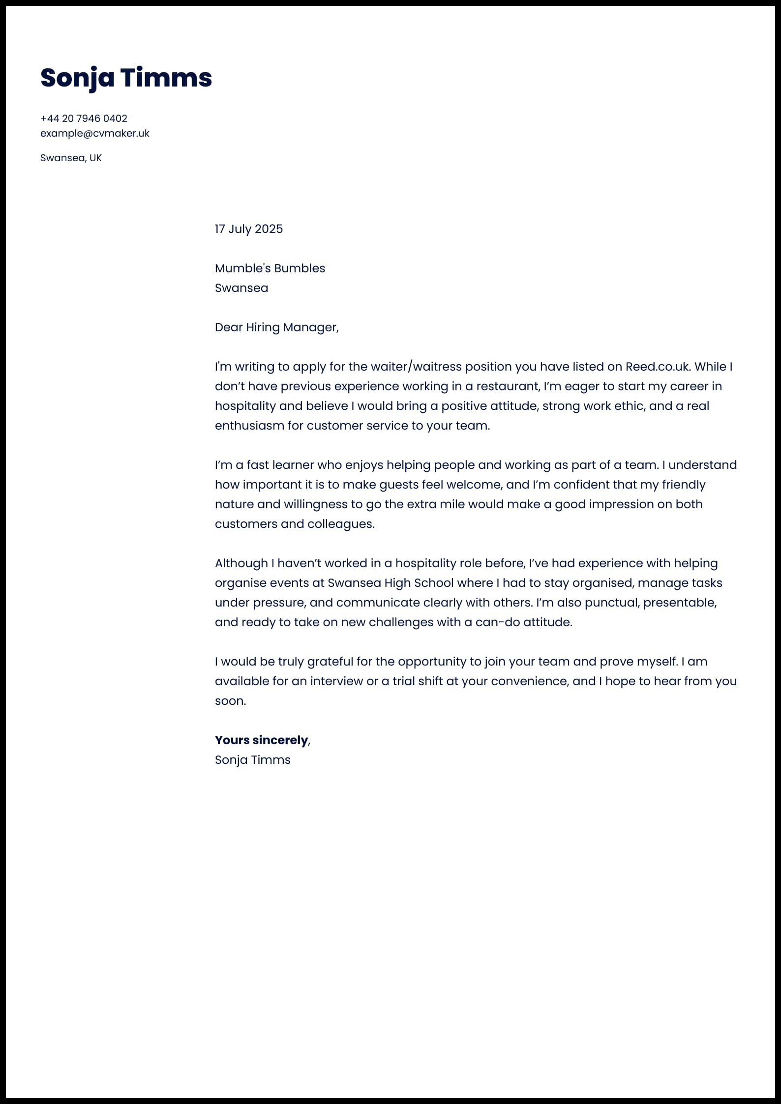Waiter or waitress cover letter no experience