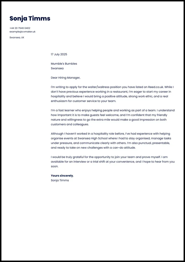 Waiter or waitress cover letter no experience