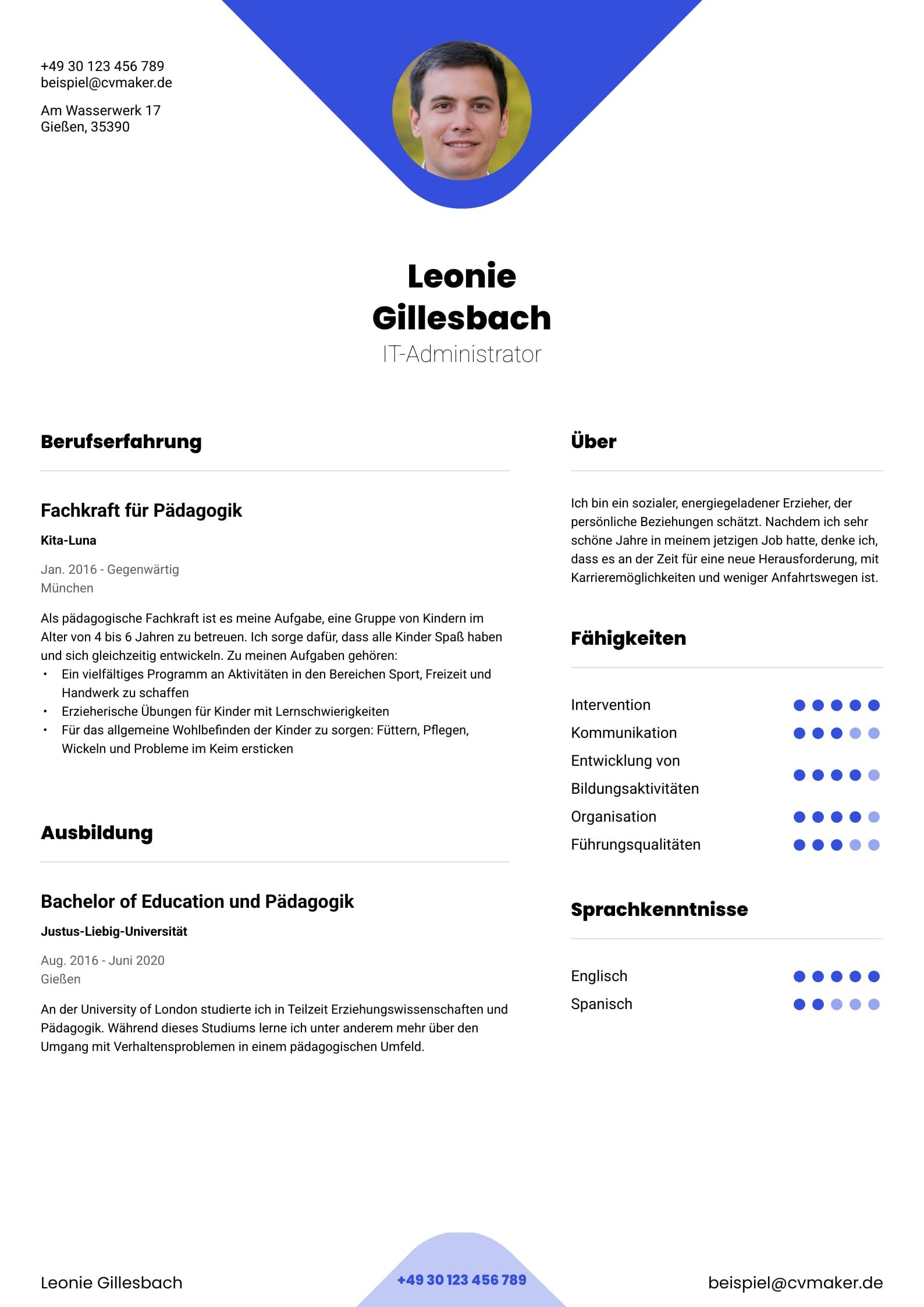 Beispiel Lebenslauf mit Lücke fûr Pädagogikfachkraft