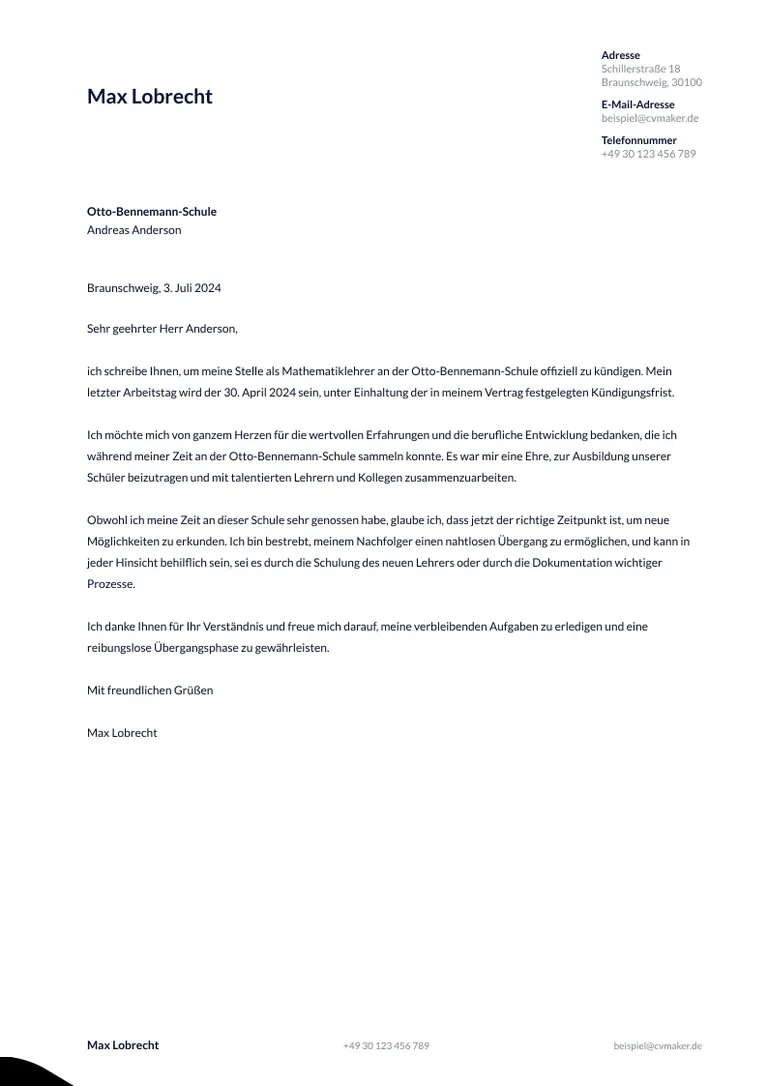 Beispiel Anschreiben Kündigungsschreiben Lehrer