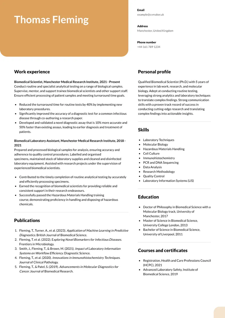 Biomedical Scientist CV sample