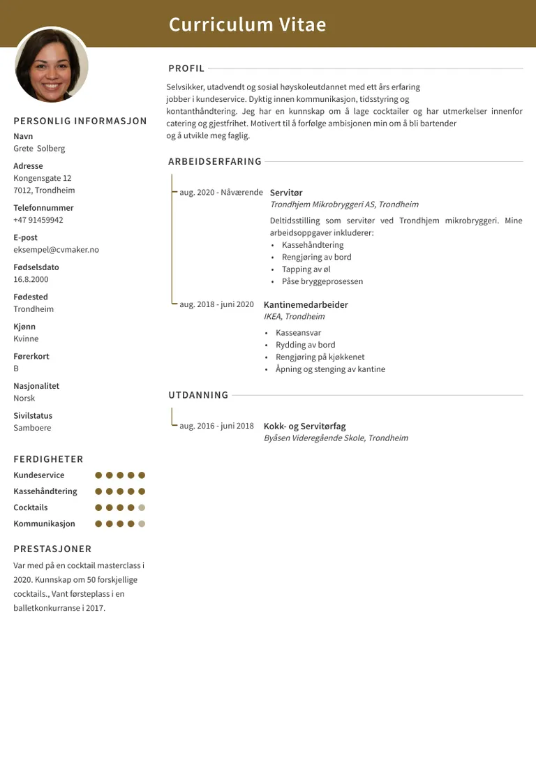 Eksempel på CV for bartender