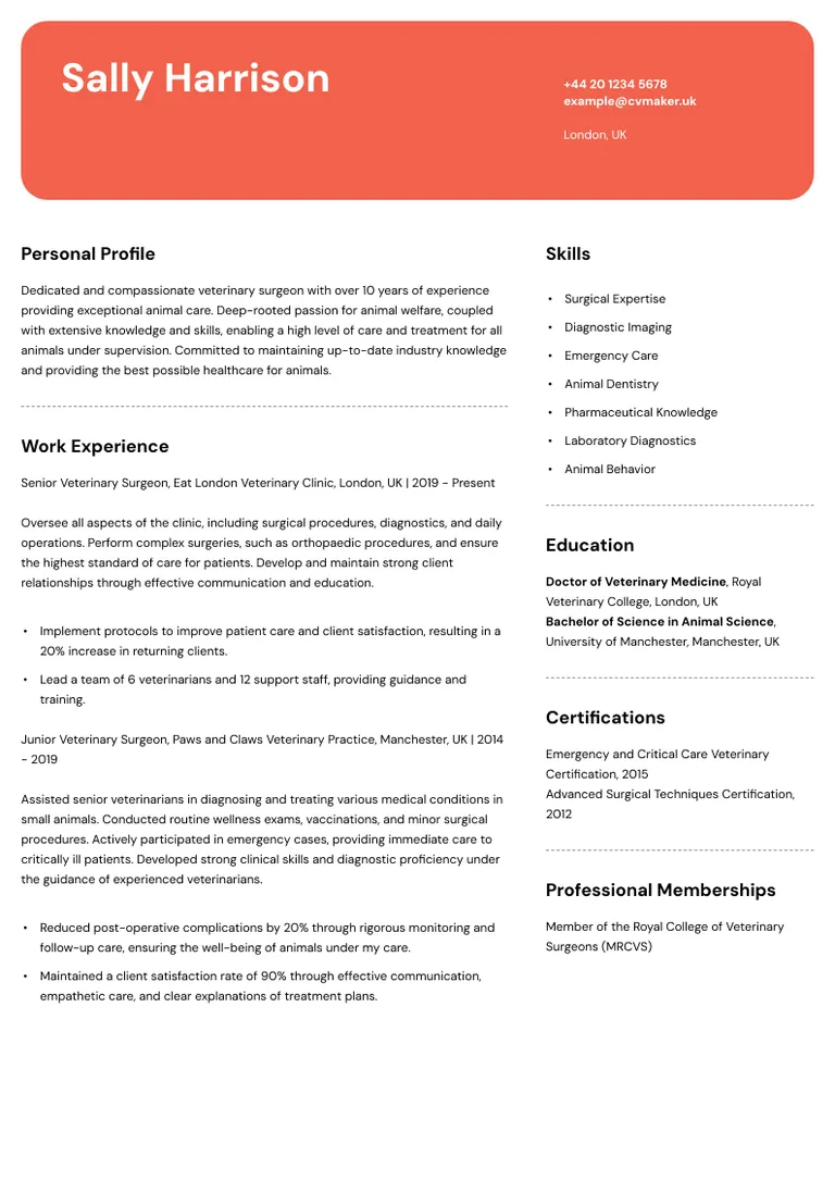 Vet CV sample