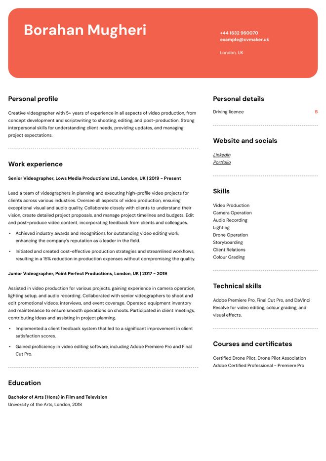 Videographer CV sample