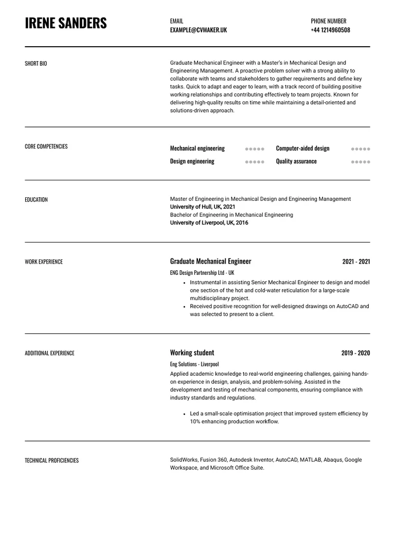 Mechanical engineer CV sample