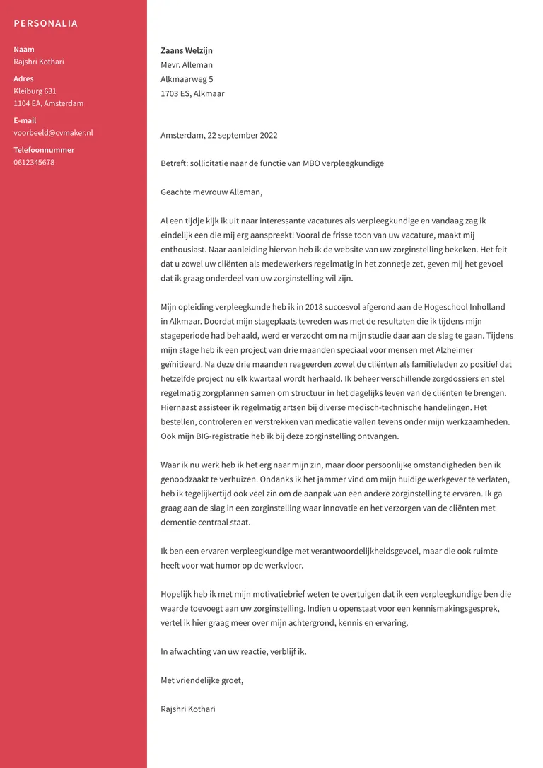 Verpleegkundige sollicitatiebrief-voorbeeld