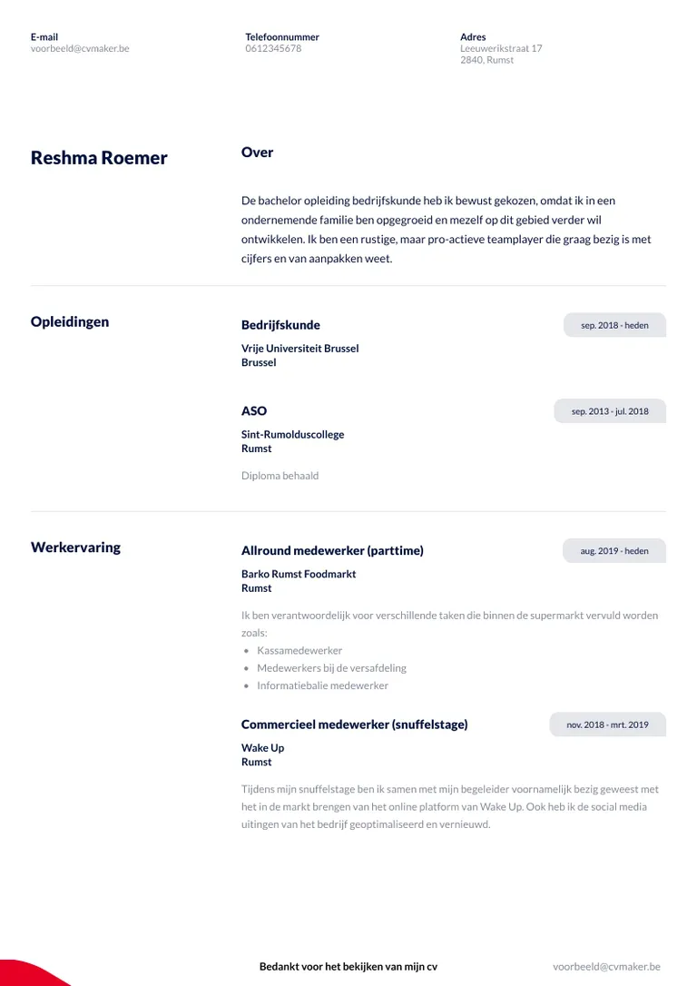 Voorbeeld cv zonder werkervaring stagiair