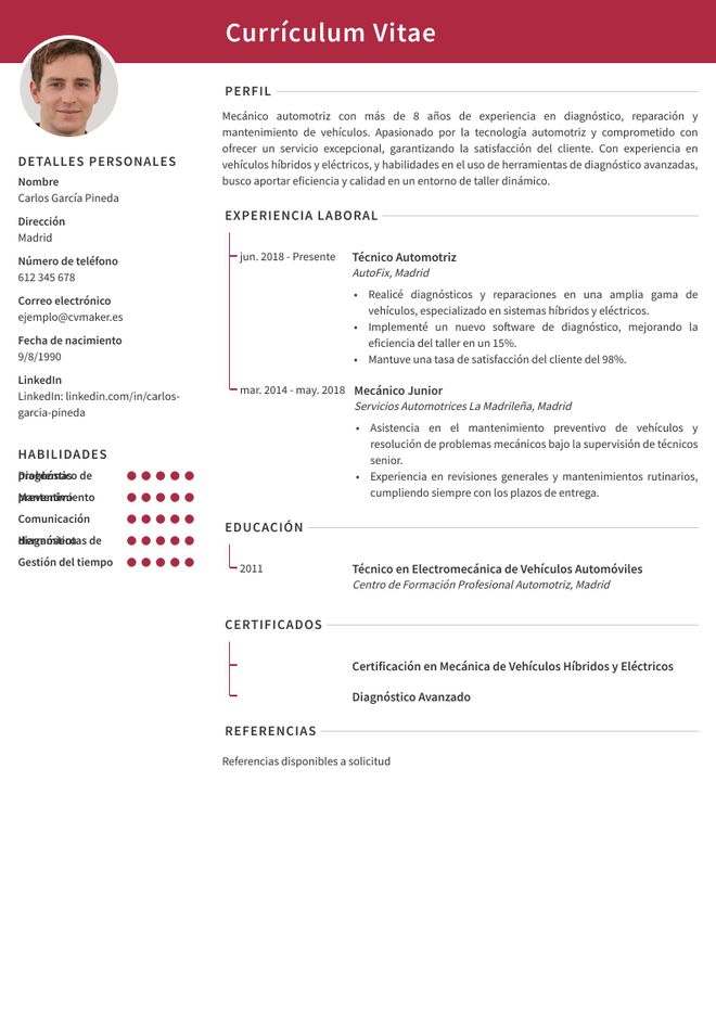 currículum de mecánico