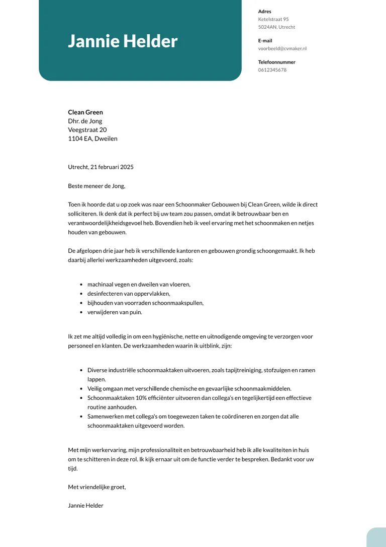 Korte motivatiebrief voorbeeld schoonmaak