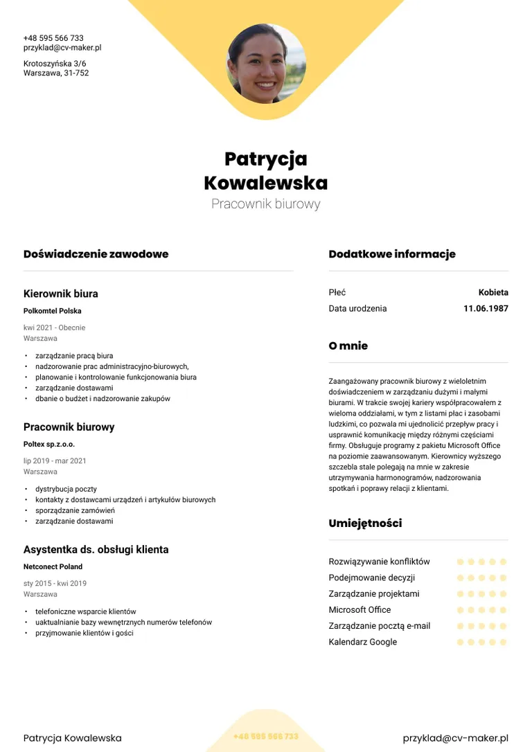 Przykład CV pracownika biurowego