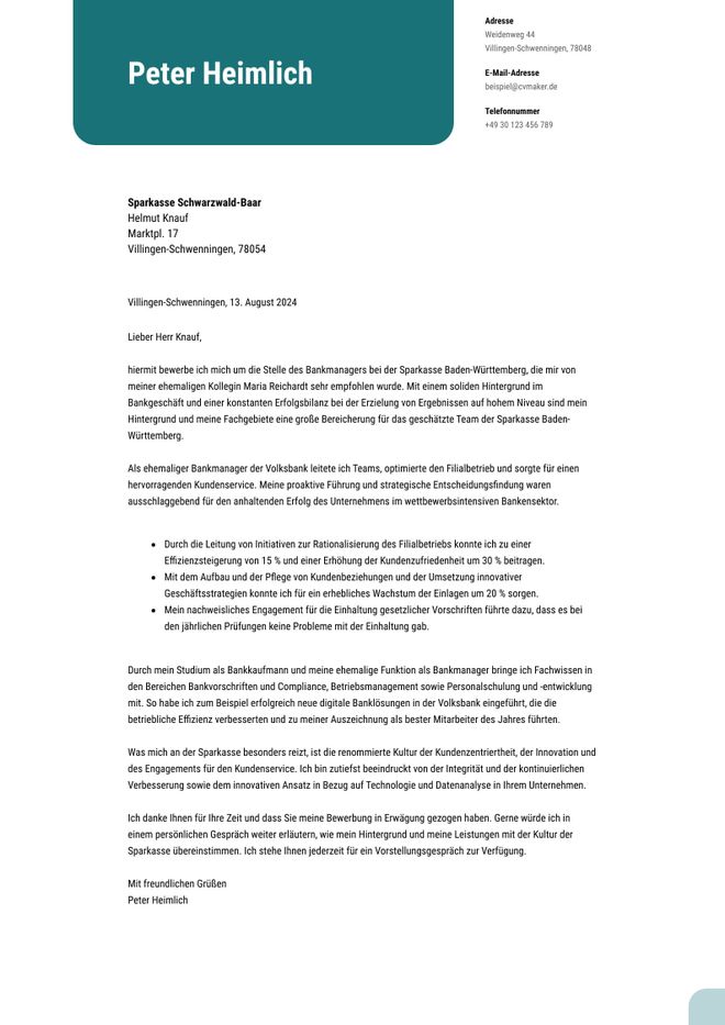 Beispiel Anschreiben Bewerbung Bank