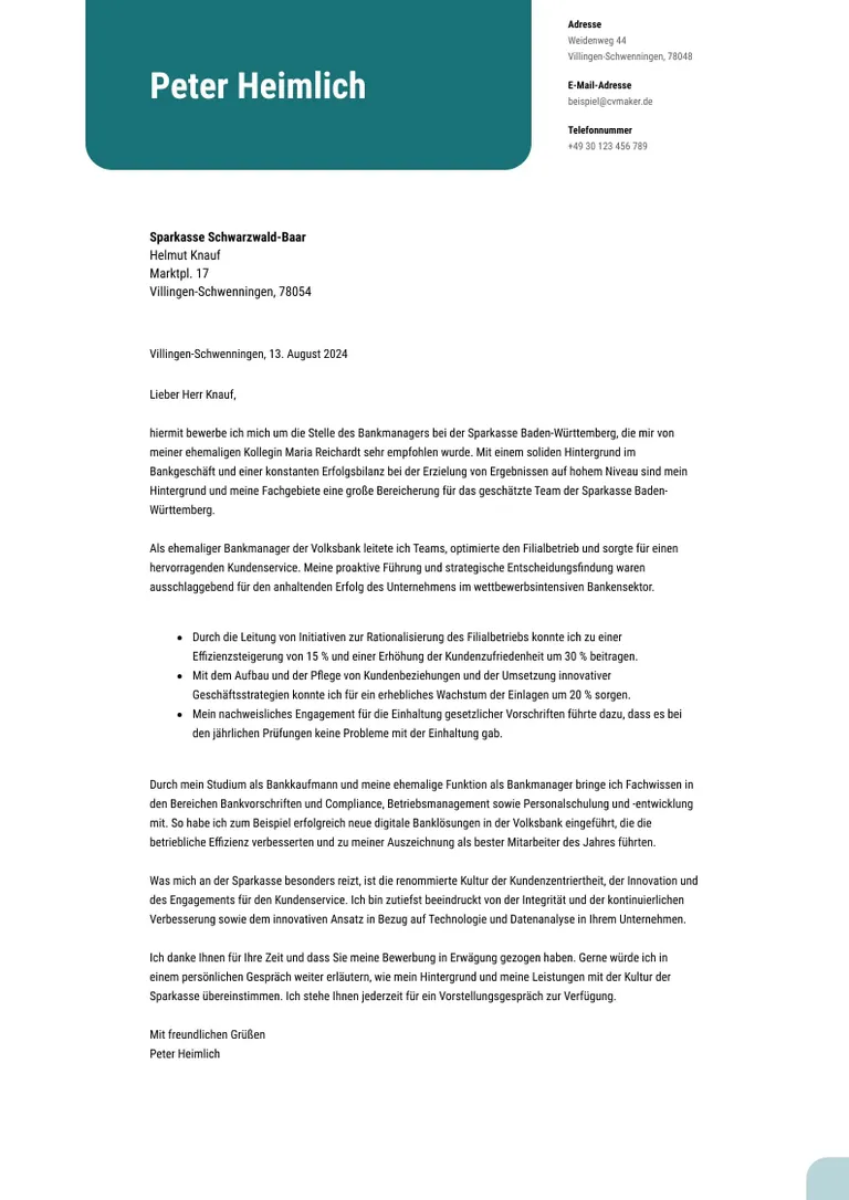 Beispiel Anschreiben Bewerbung Bank