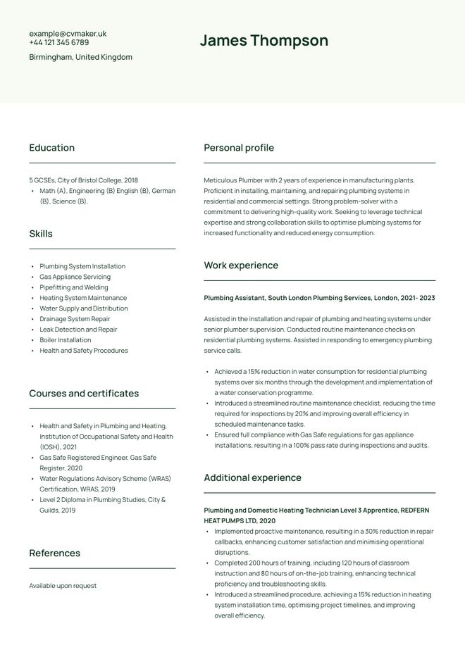 Plumber CV sample