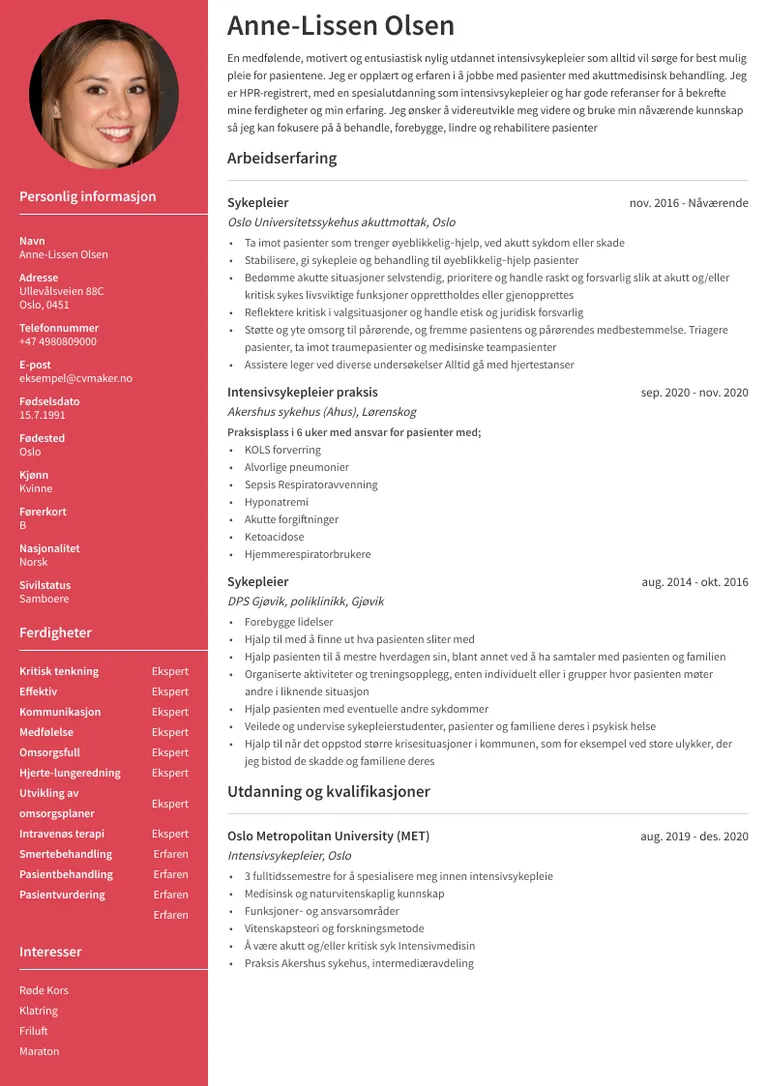 CV sykepleier eksempel
