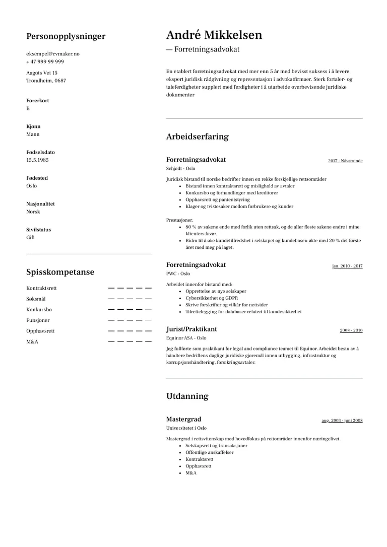 Advokat CV eksempel