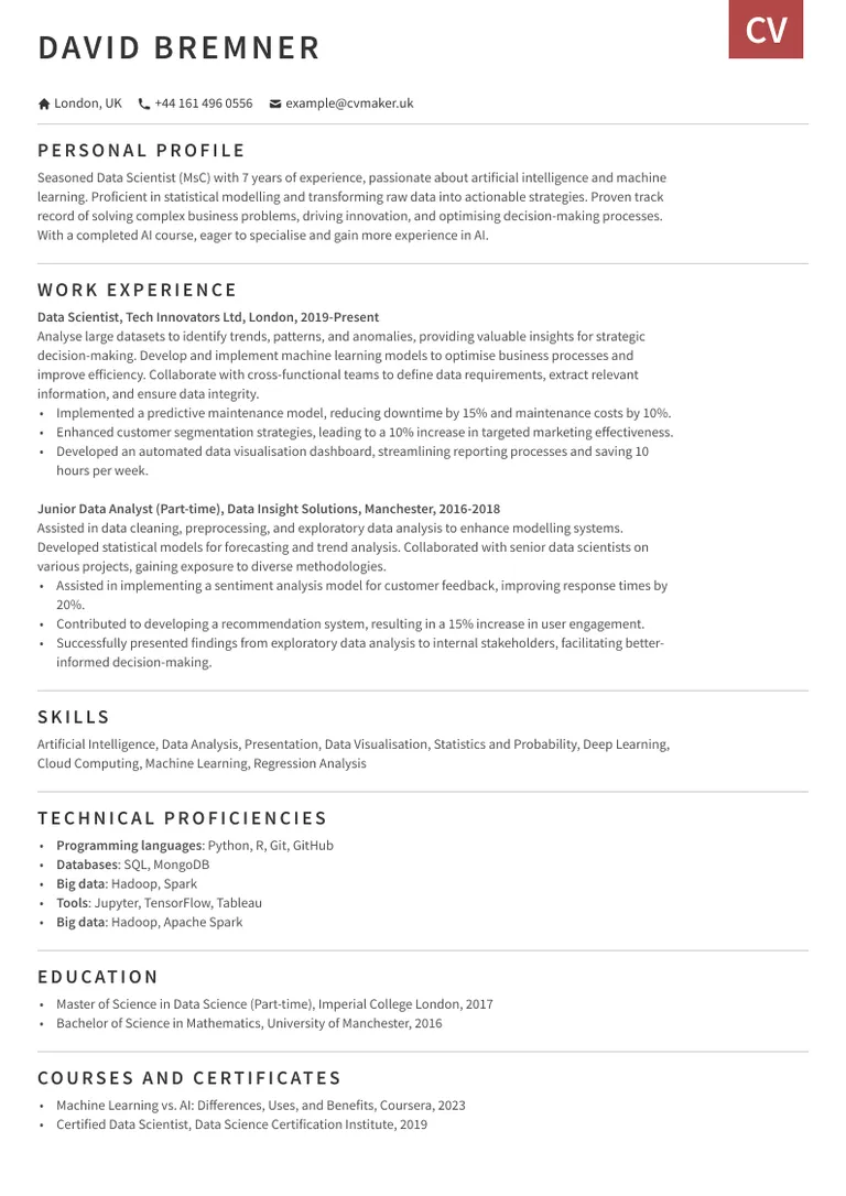 Data Scientist CV sample