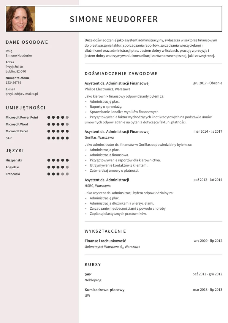CV Asystenta administracyjnego