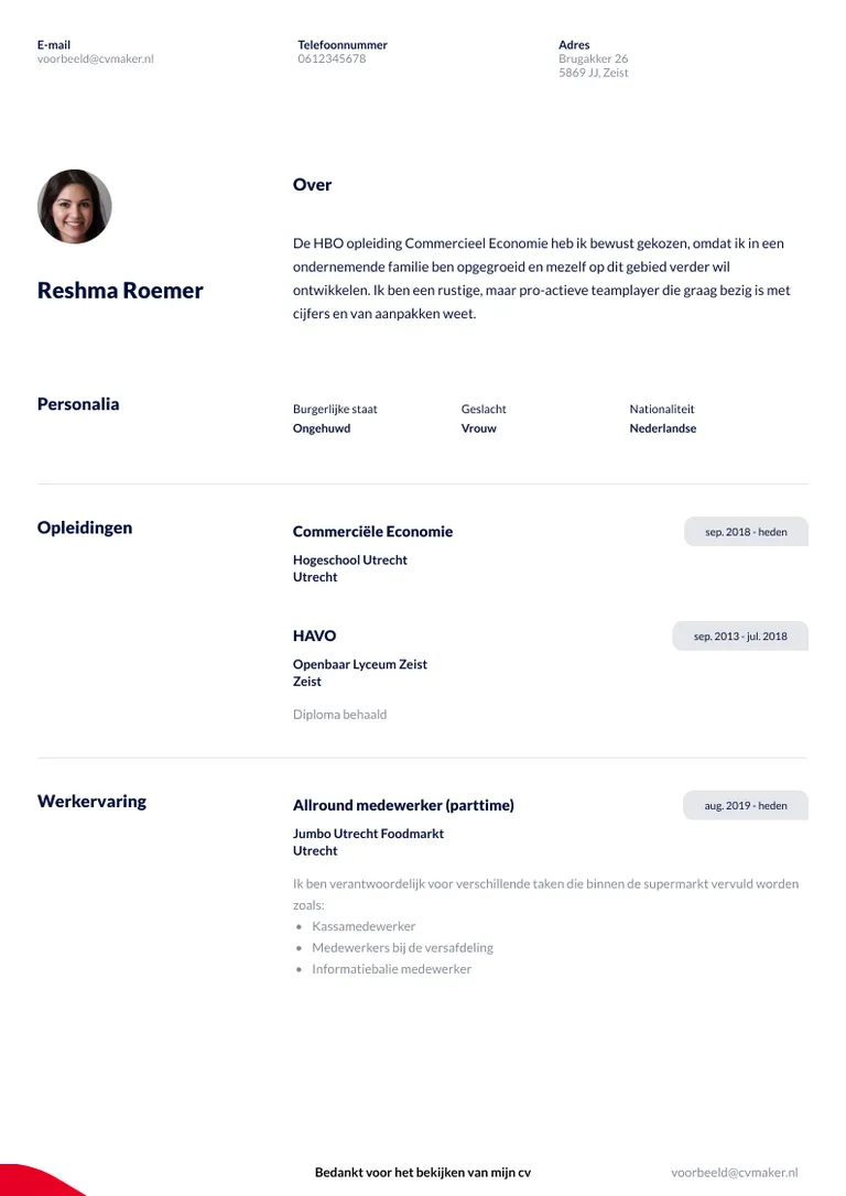 Voorbeeld cv zonder werkervaring voor een stage