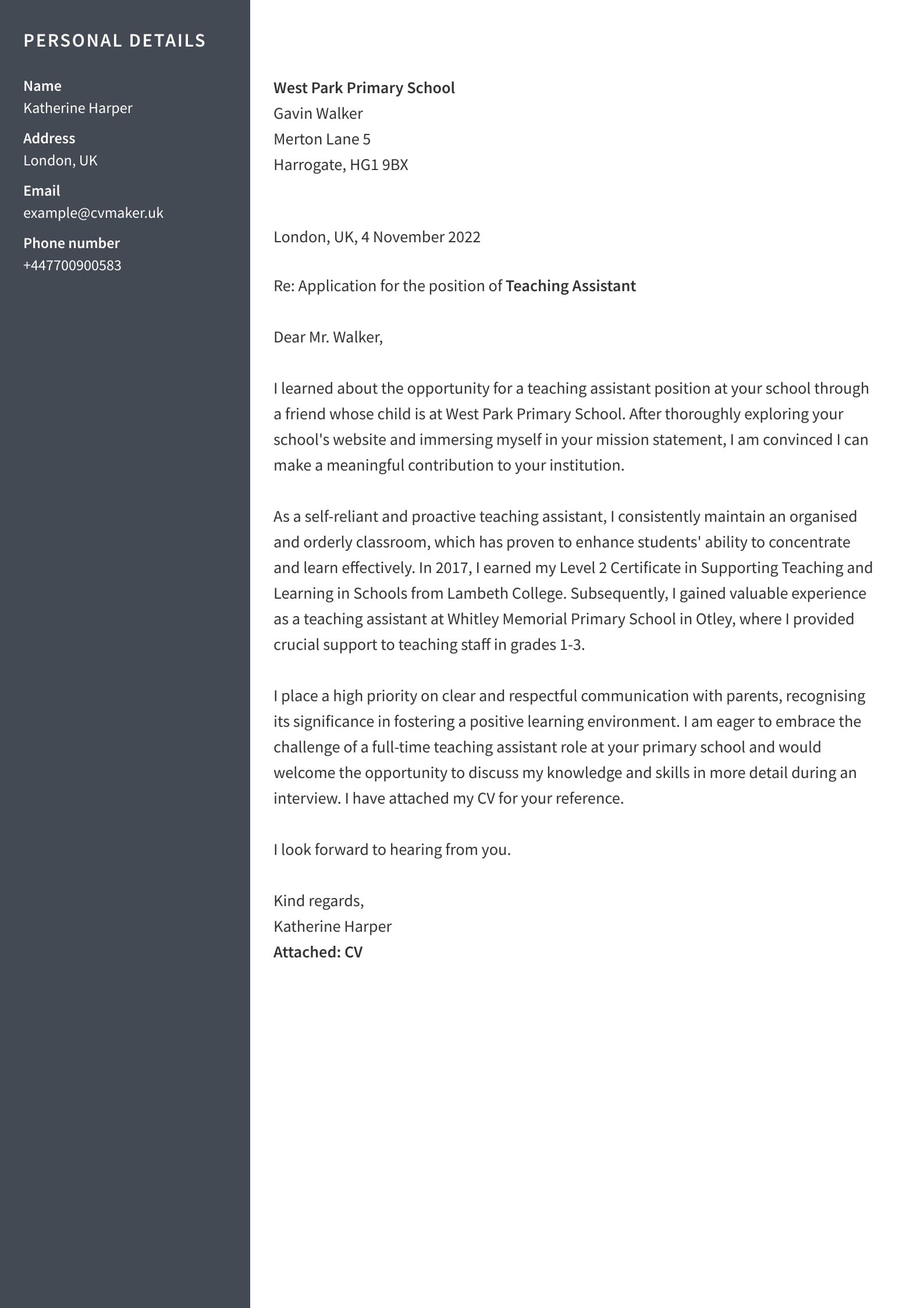 Teaching Assistant Cover Letter