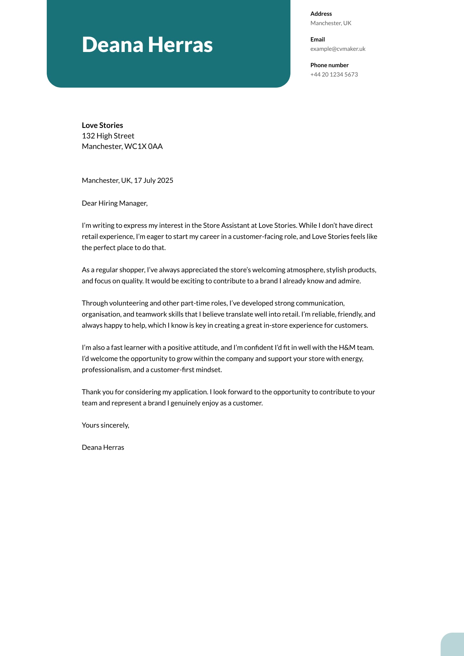 retail cover letter example no experience