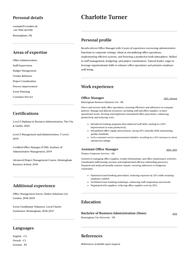 Office Manager CV sample