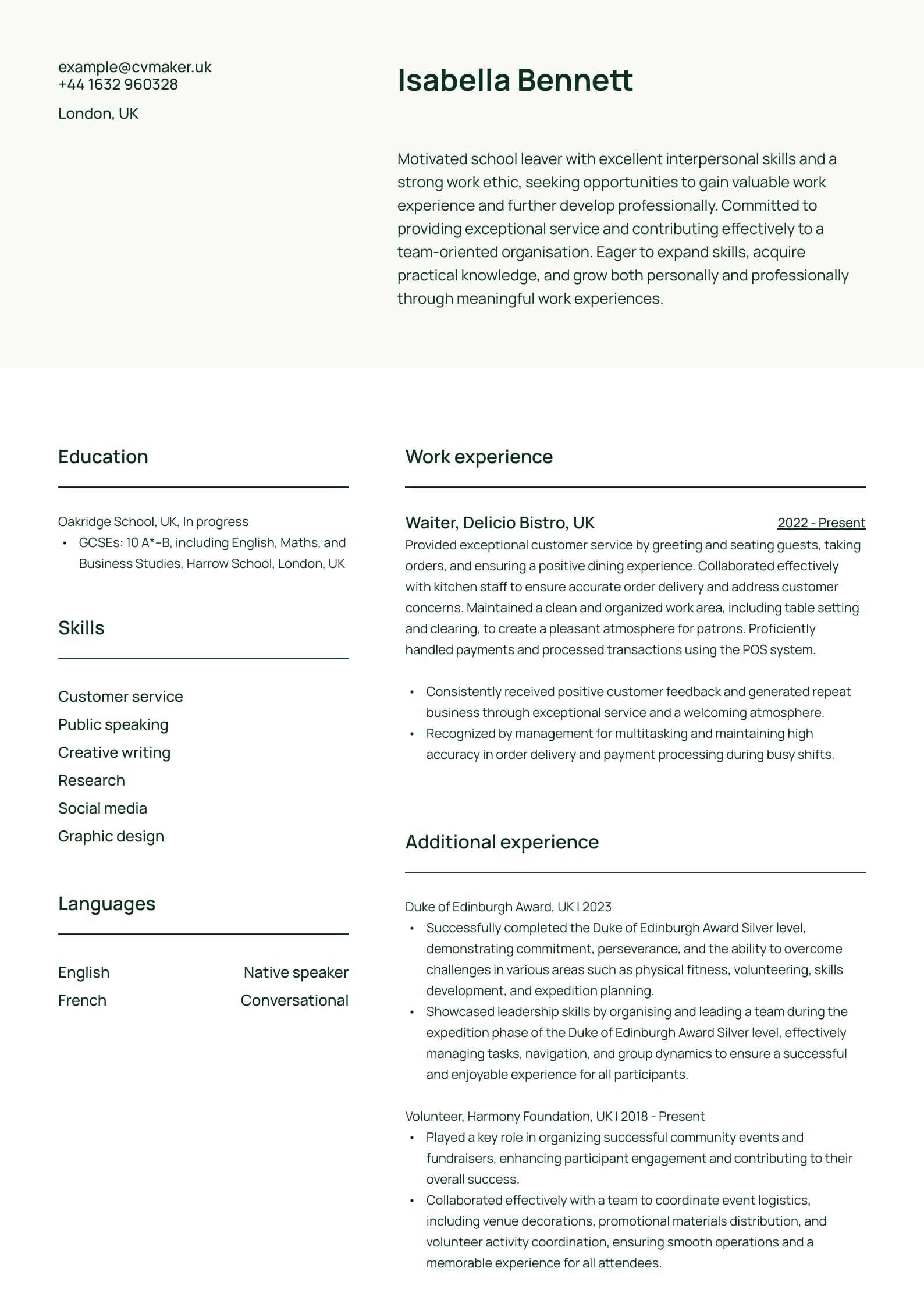 School Leaver CV