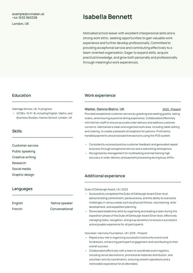 School leaver CV sample