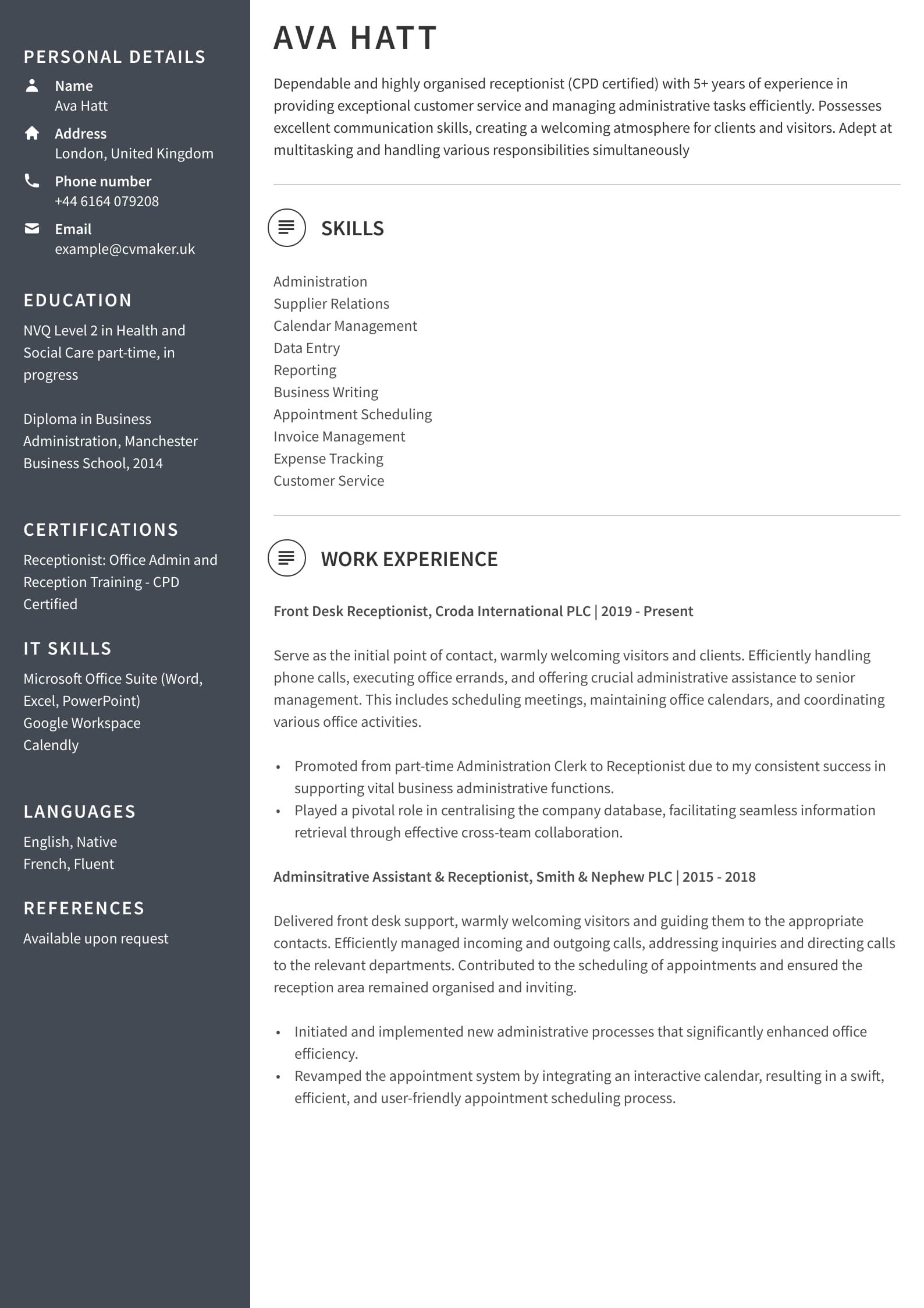 Receptionist CV