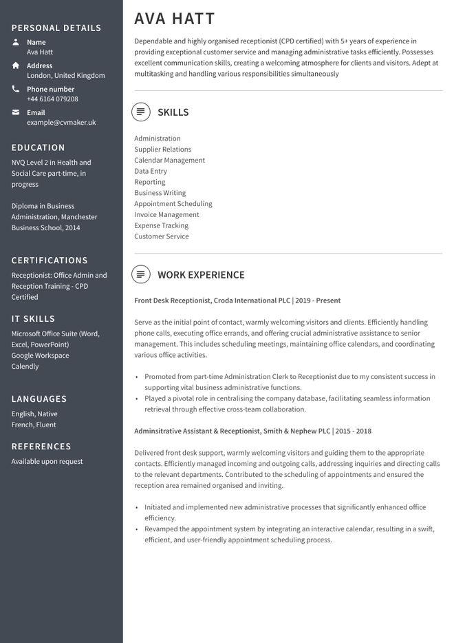 Receptionist CV sample