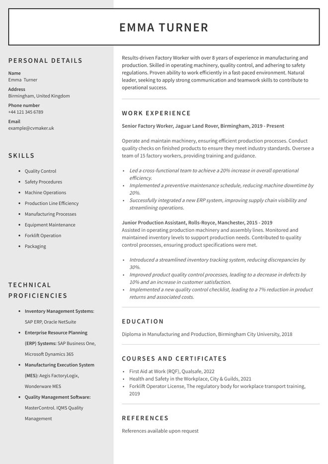 Factory Worker CV sample