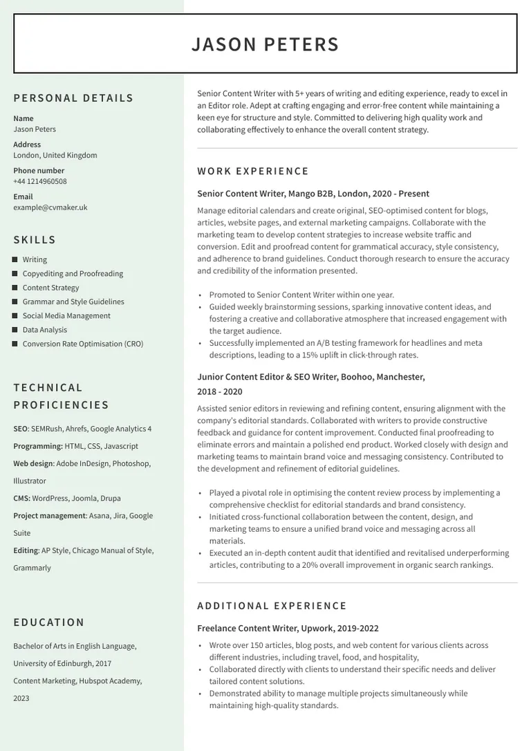 Writer CV sample