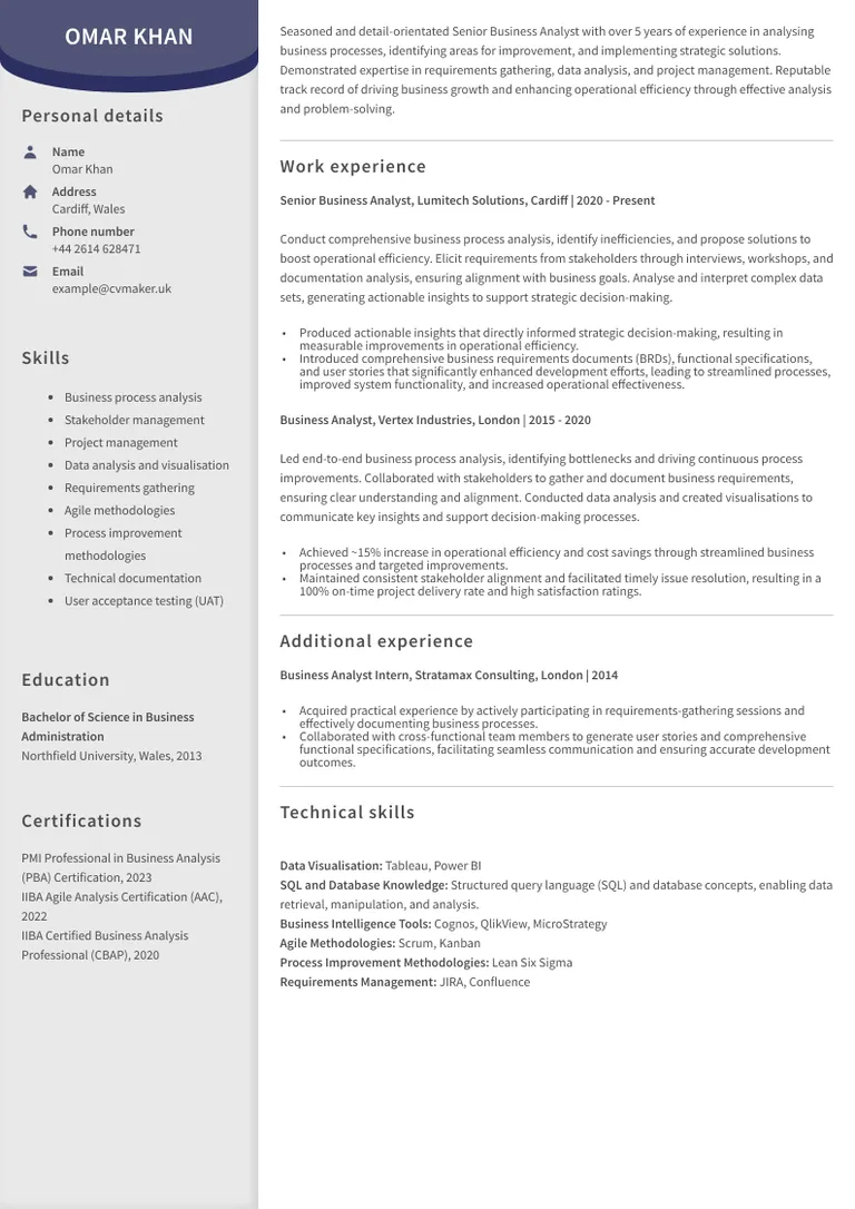 Business Analyst CV sample