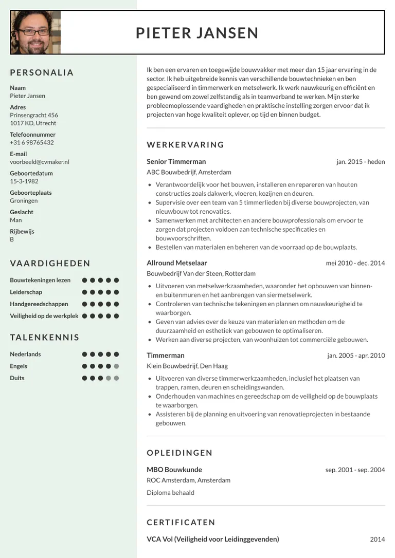 cv voorbeeld bouw