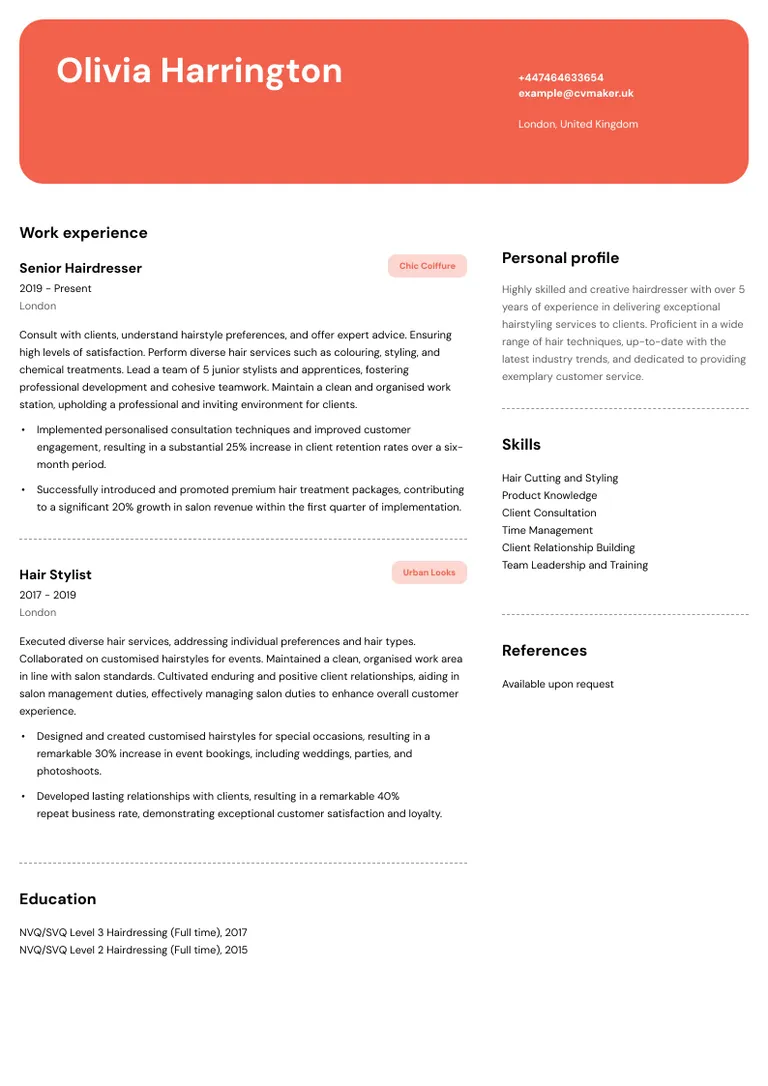 Hairdresser CV sample