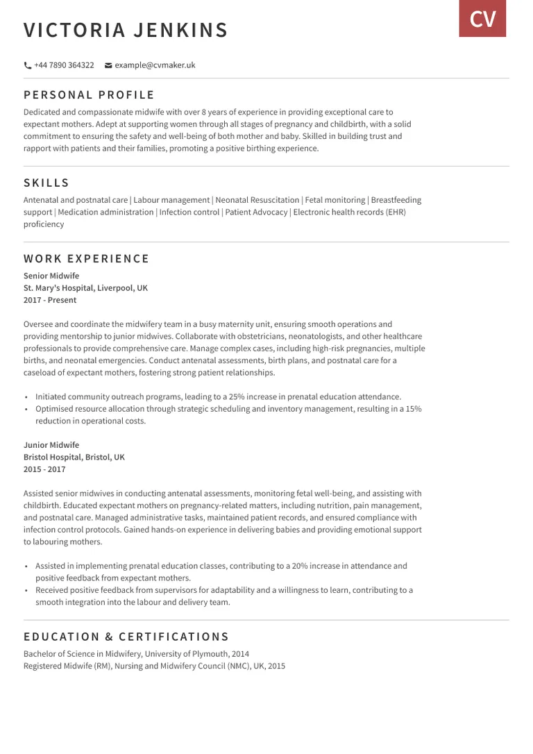 midwife CV example