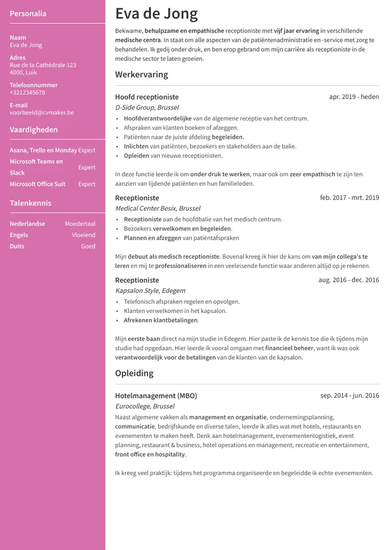 receptioniste voorbeeld cv