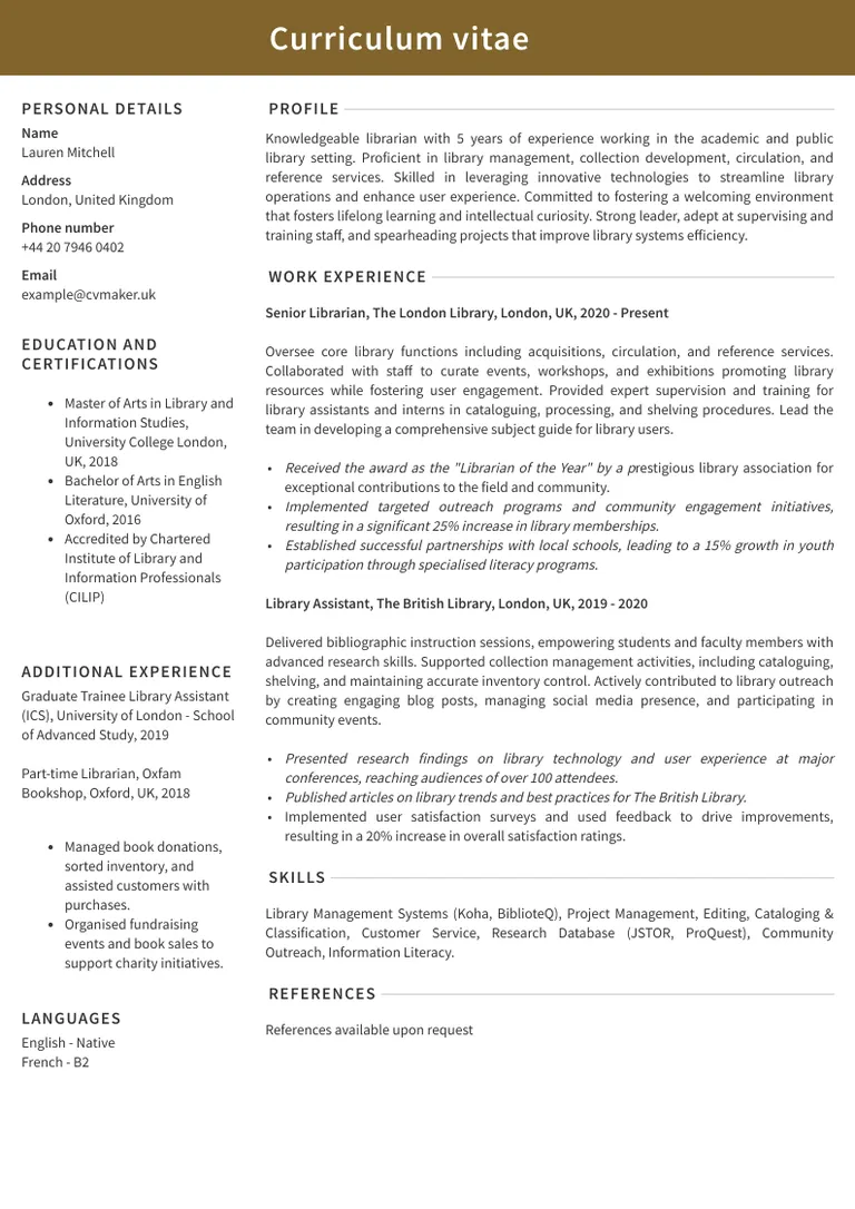 Librarian CV sample