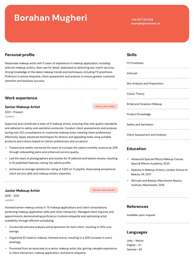 Makeup Artist CV sample