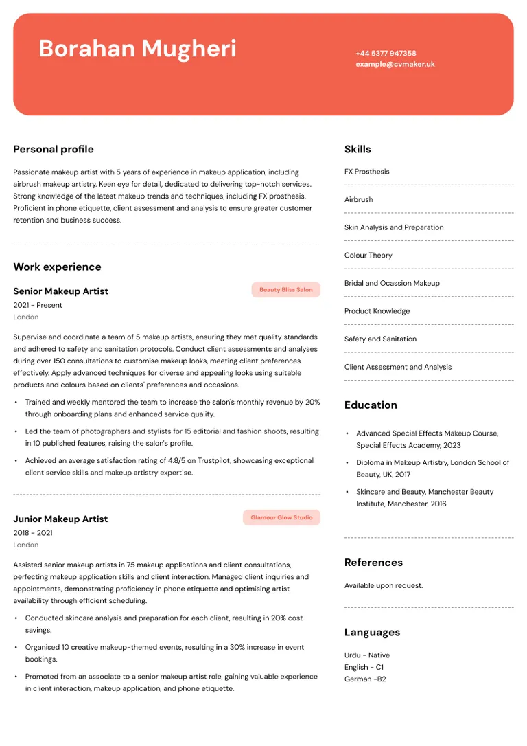 Makeup Artist CV sample
