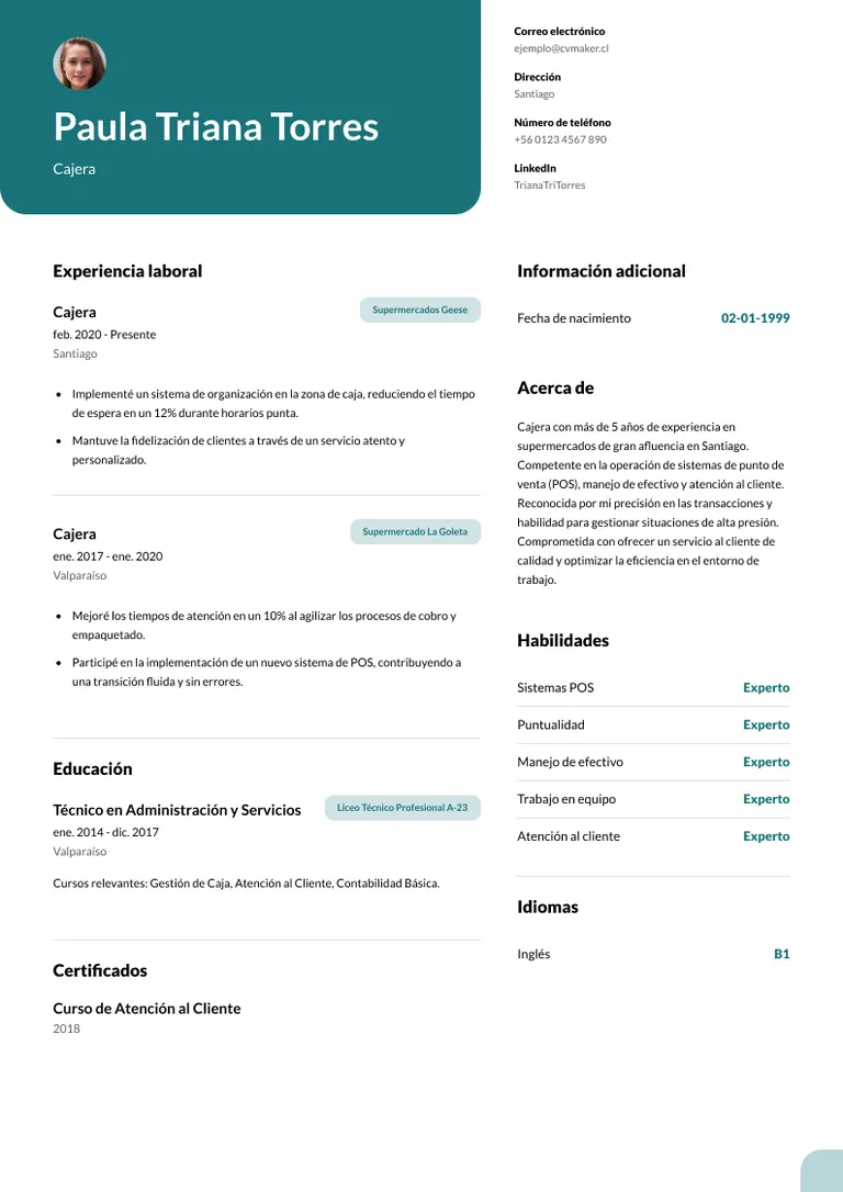 cv ejemplo moderna cajera
