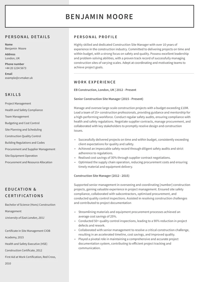 Construction CV sample
