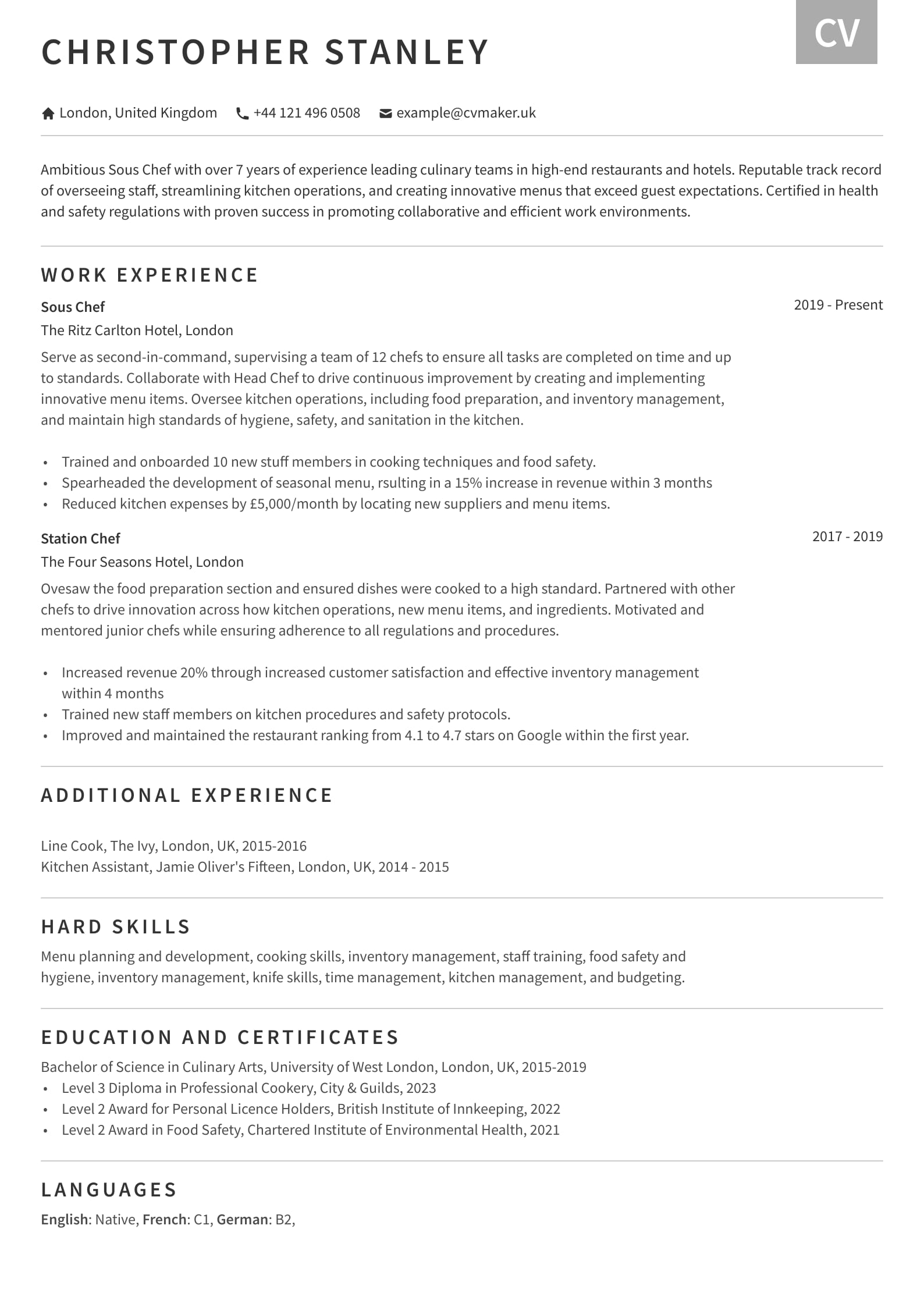 chef CV example
