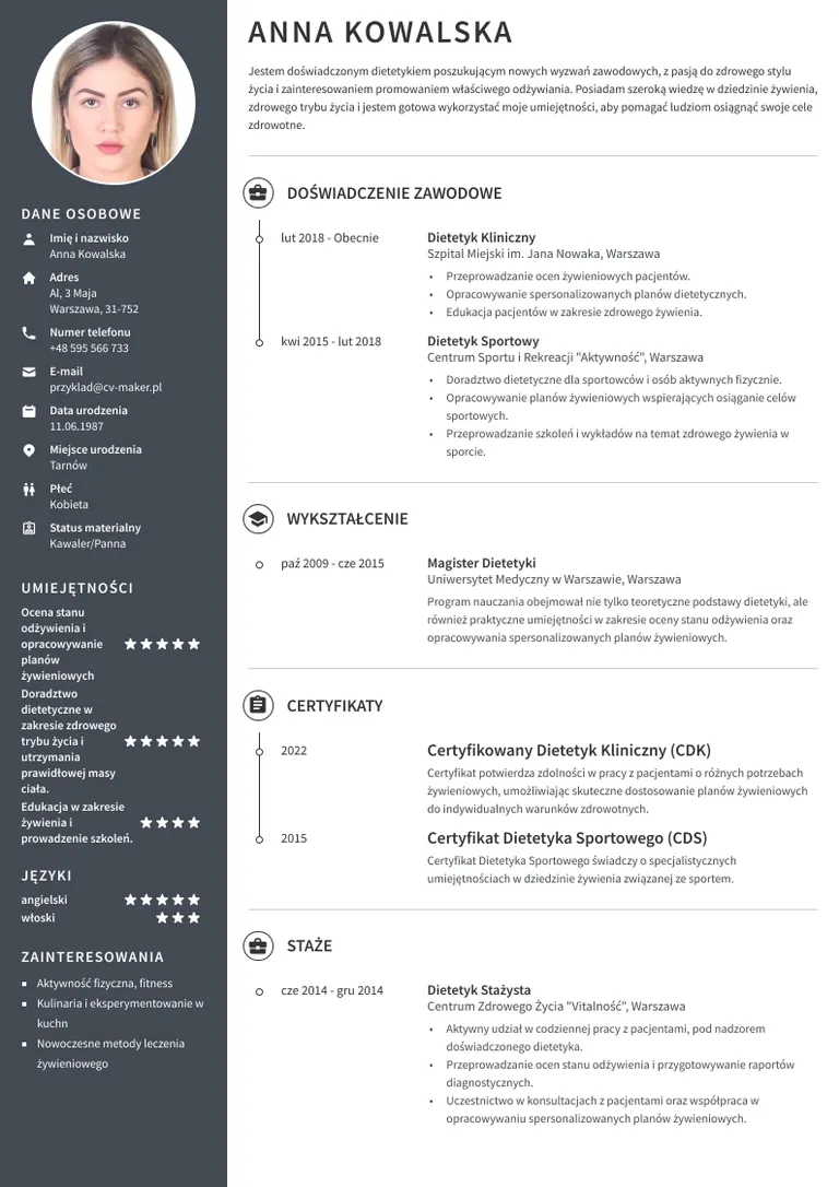Przykład CV dietetyka