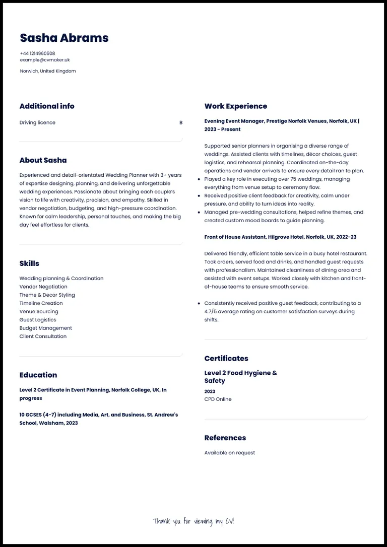 Wedding planner CV template