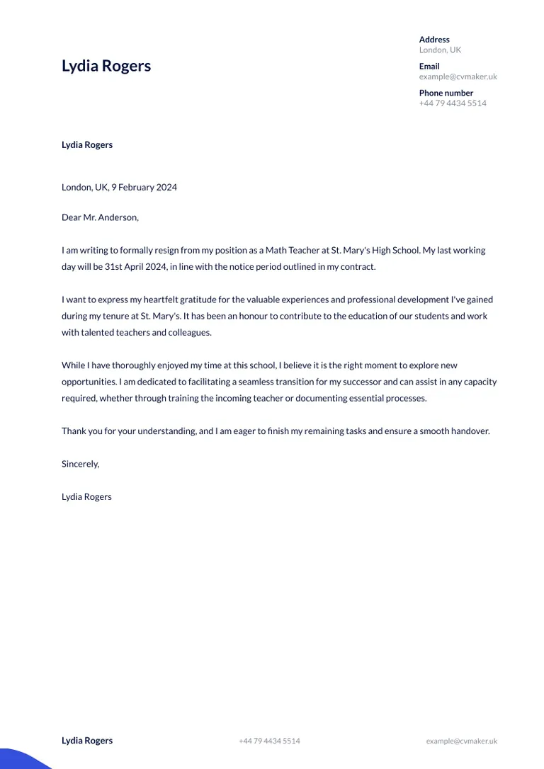 Resignation letter example for a teacher