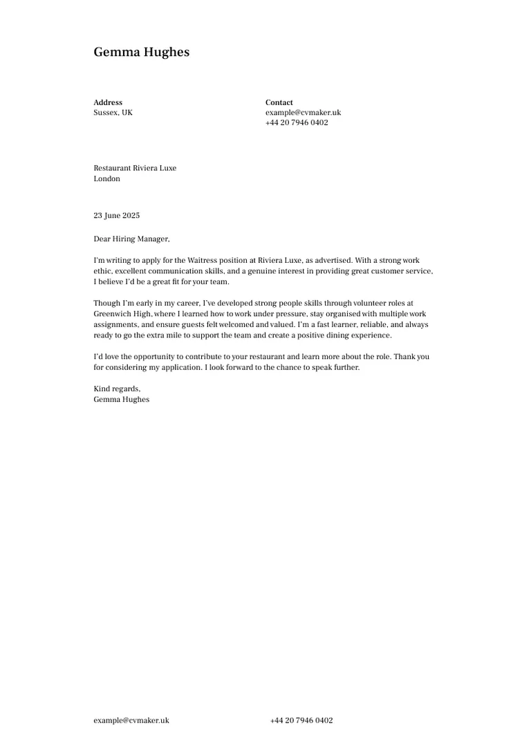 short waiter cover letter example