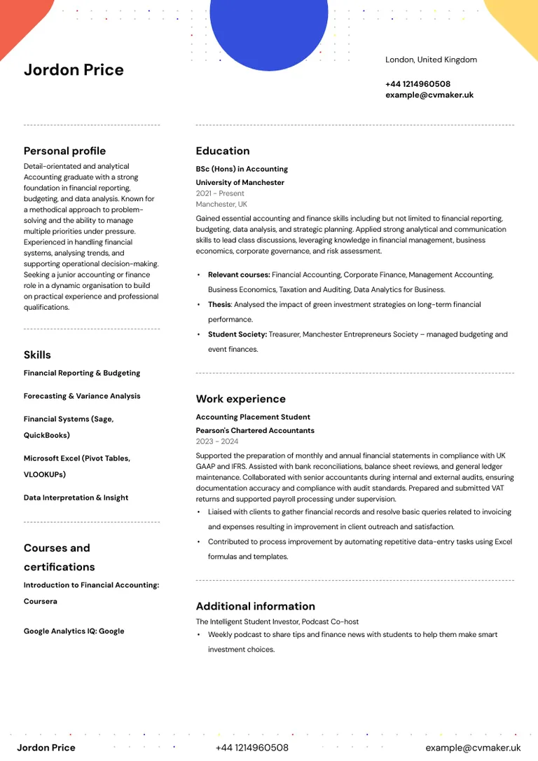 accounting graduate CV sample