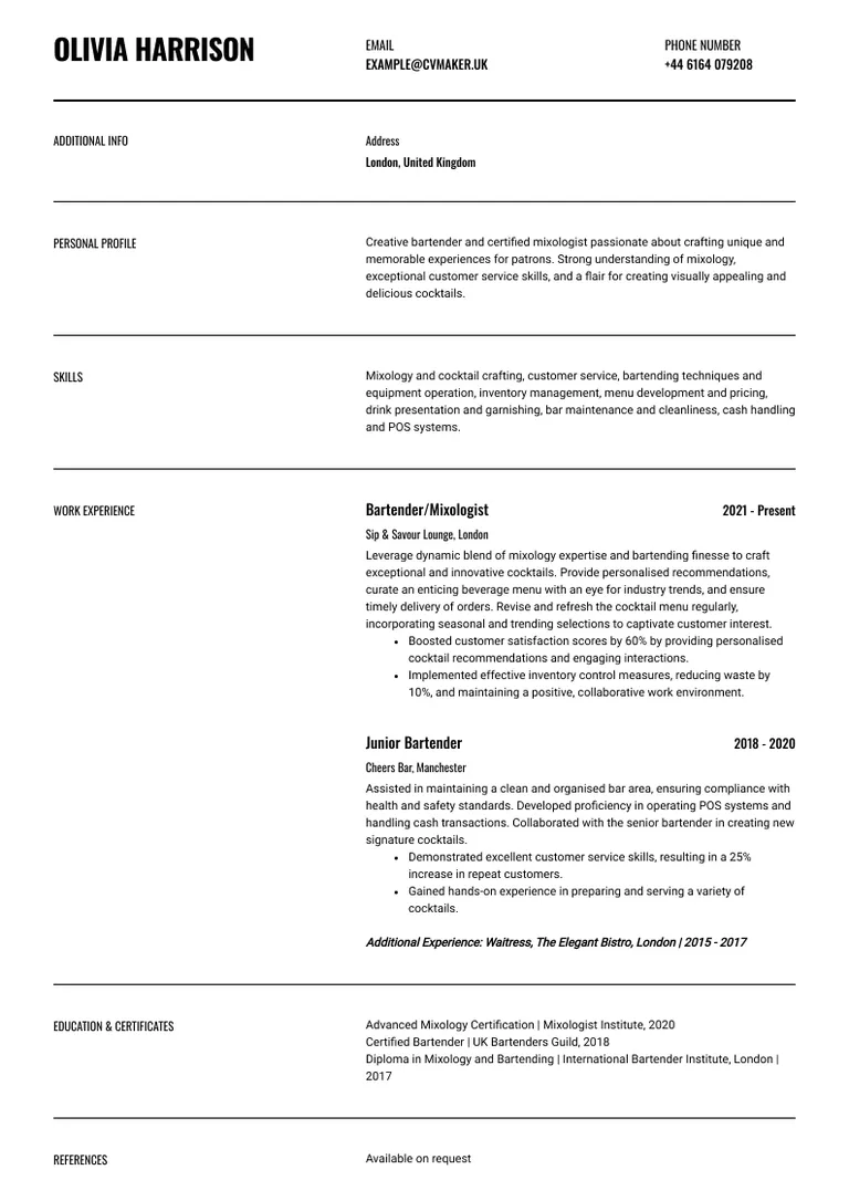 Bartender CV sample