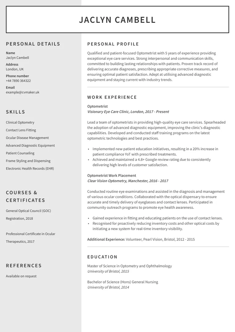 Optometrist CV Sample